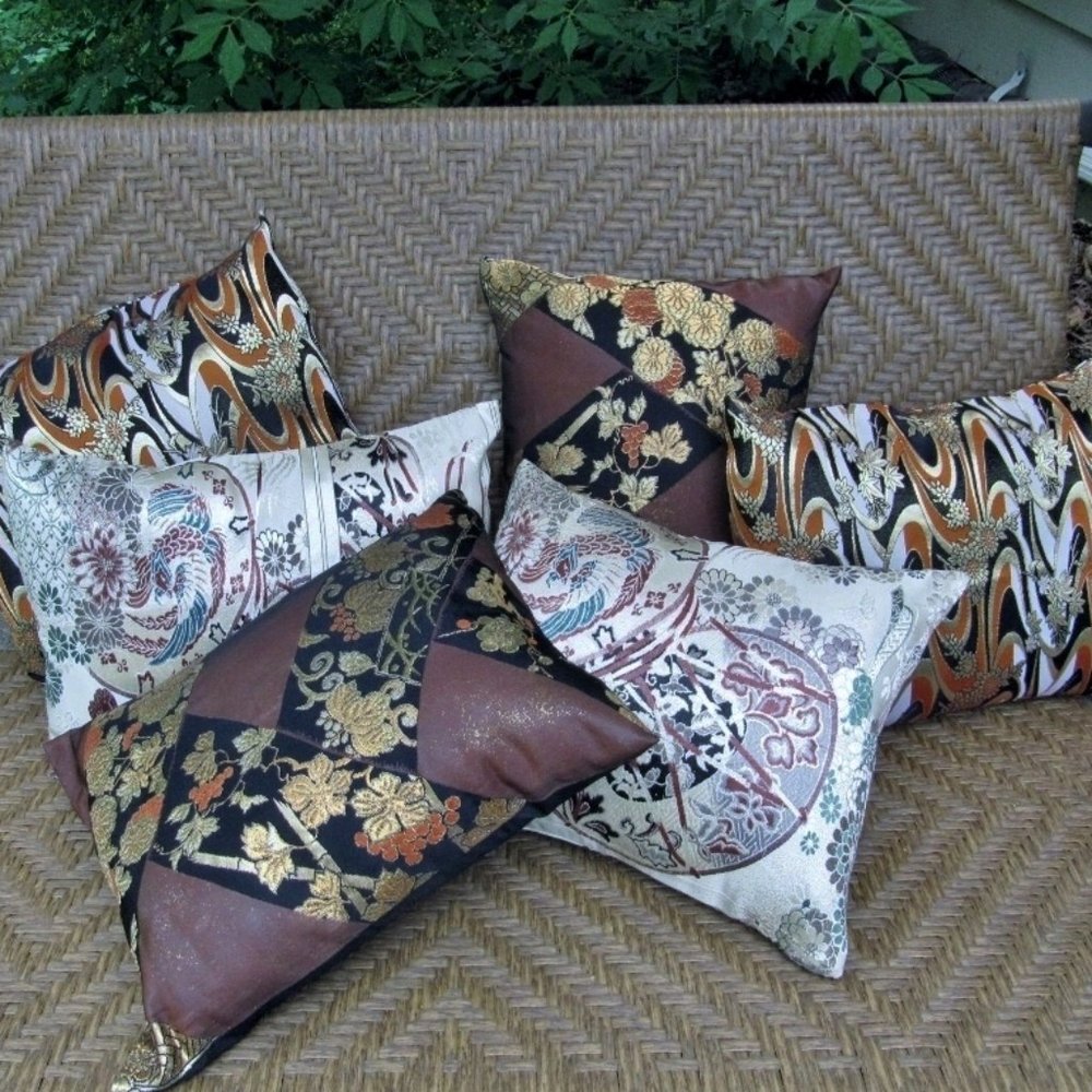 Matching set of two silk pillows made from antique obis kimono sashes SET 1